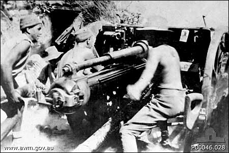 Australian 9th Battery 3rd Brigade 18lb gun
              at Gallipoli (gun in full recoil)