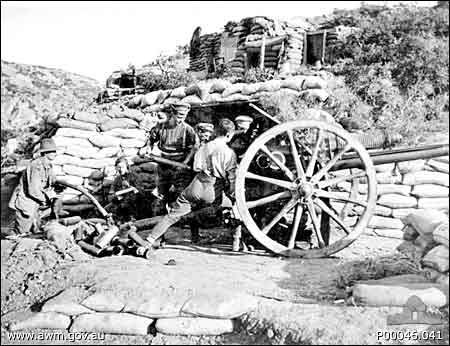 Australian 18lb Battery doing a timed fire
              at Gallipoli