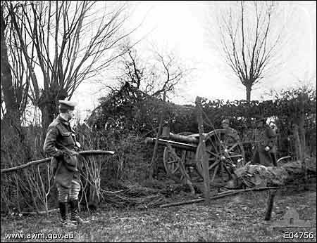 Australian 1st Artillery Brigade gun emplacememnt
              at Nieppe Forest, France